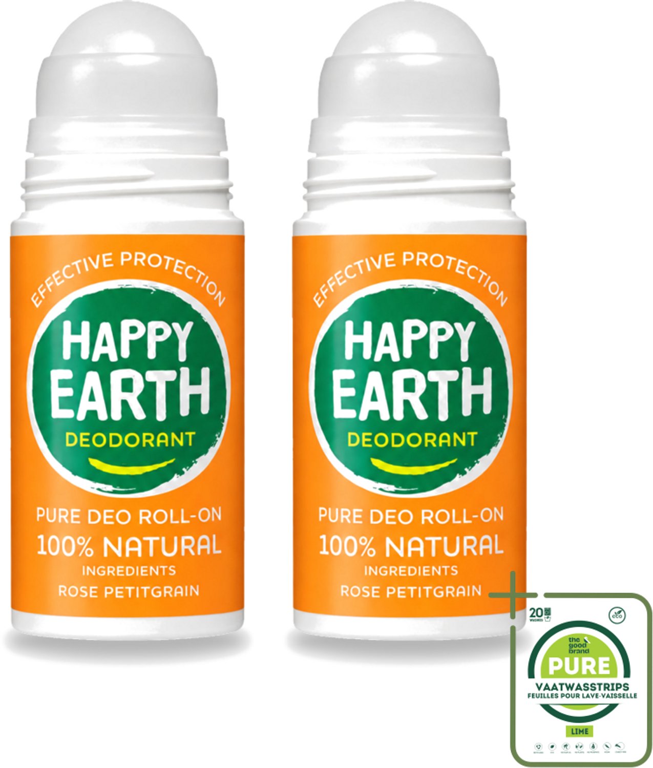 2 x Happy Earth – Deodorant Roll-On – 100% Natuurlijk Rose Petitgrain – 75 ml - Grootverpakking - Vaatwasstrips - Natuurlijke Deodorant - Roll-on Deodorant - Bloemige Geur - Frisse Geur - Huidvriendelijk