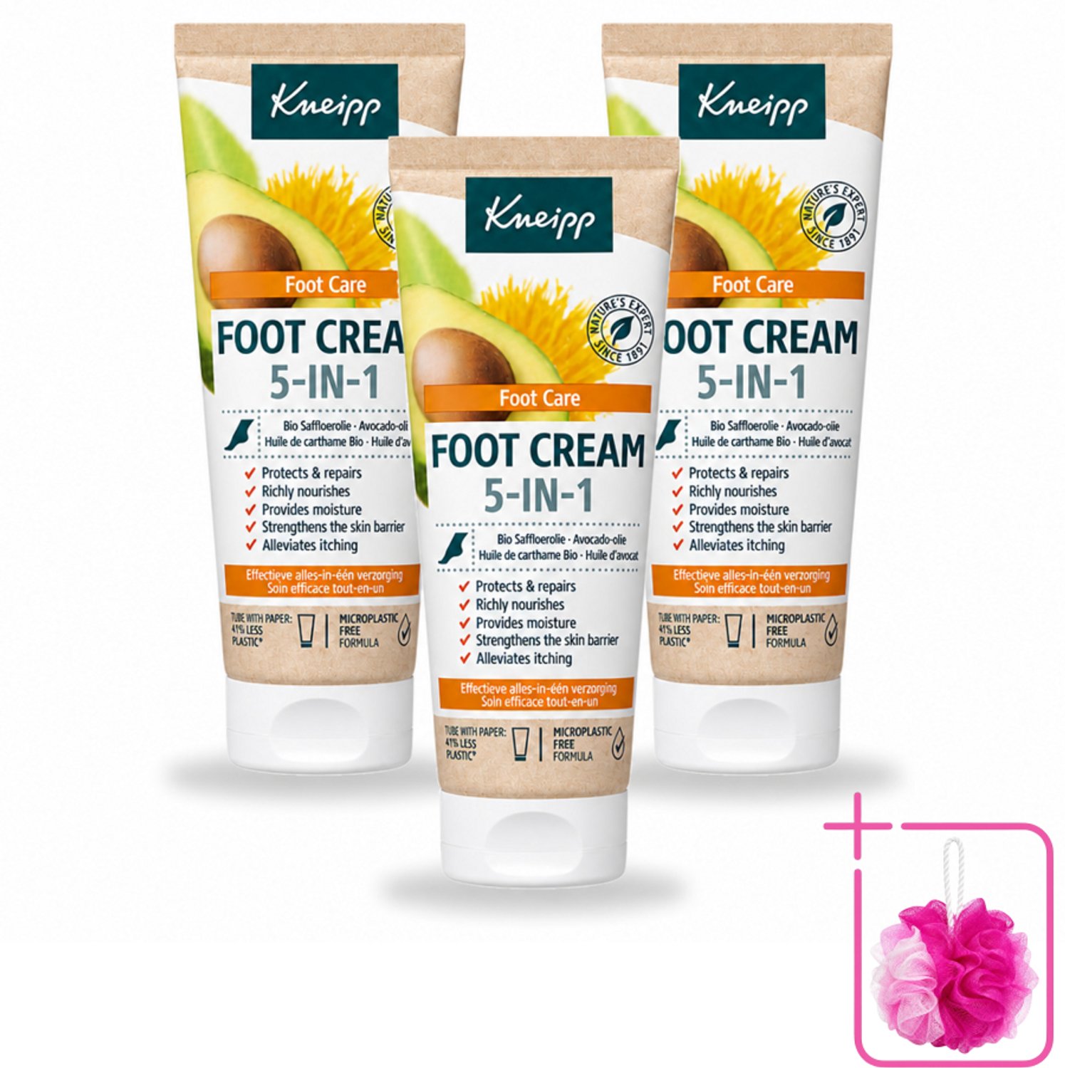 3 x Kneipp - Voetcrème 5‑in‑1 - Verlicht jeuk, hydrateert & herstelt - 75 ml - Bulkverpakking - Voetcrème - Douchemop - Voetverzorging