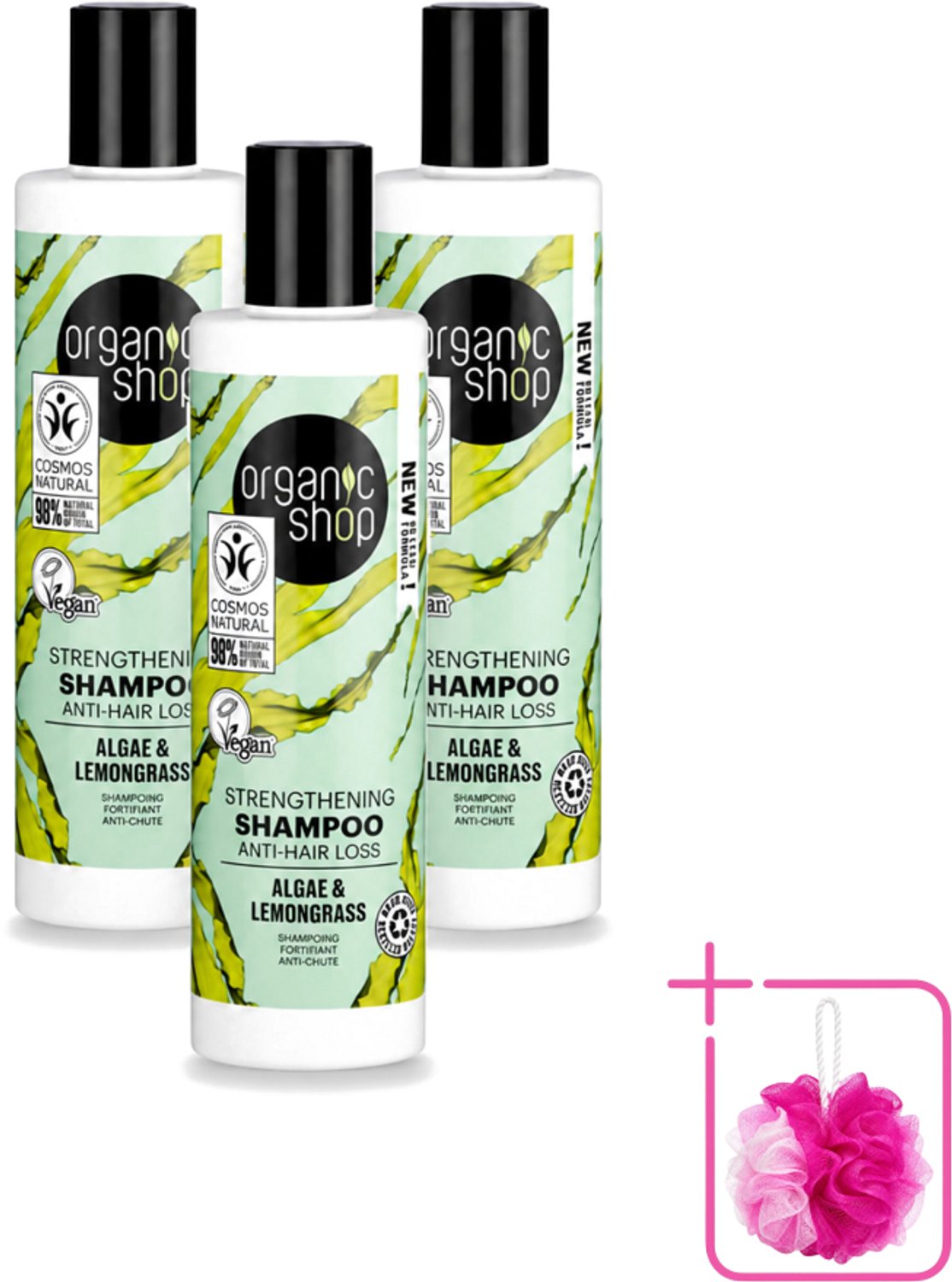 3 x Organic Shop - Algae & Lemongrass Strengthening Shampoo - Versterkend en Herstellend - 280 ml - Bulkverpakking - Haarversterking - Douchemop - Haaruitval