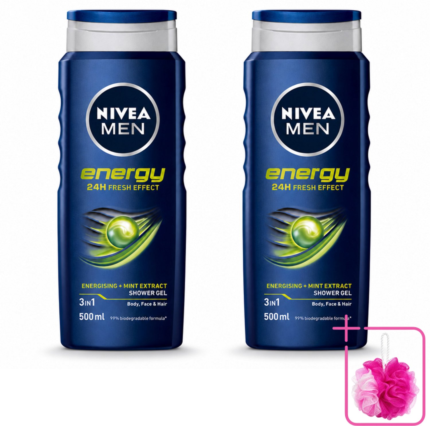 2 x NIVEA MEN - Douchegel - Energy - 500 ml - Bulkverpakking - Douchegel - Douchemop - Energie