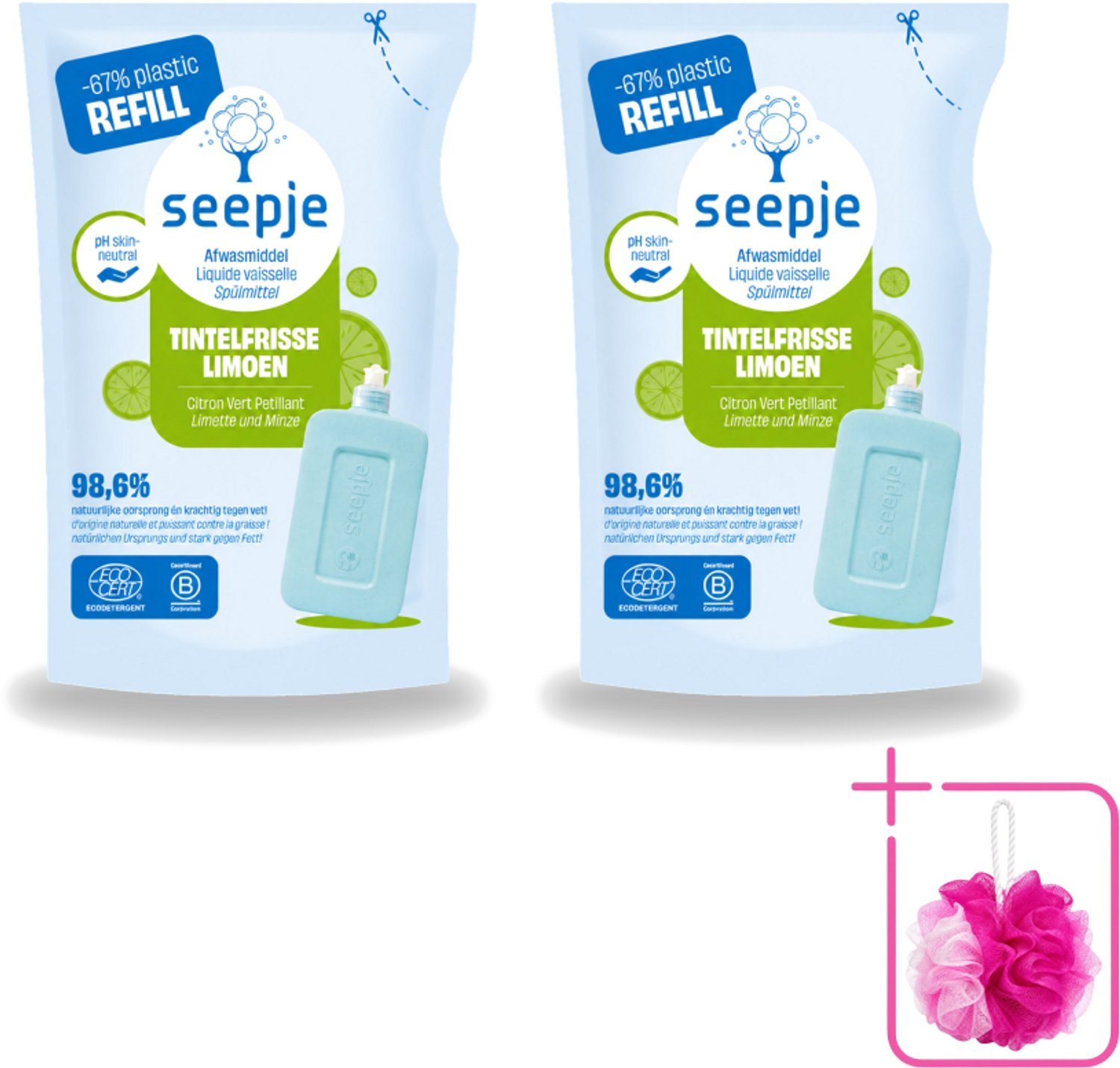 2 x Seepje - Afwasmiddel - Duurzaam & Herbruikbaar - Re-fill - Tintelfrisse Limoen Geur - 500 ml - Bulkverpakking - Afwasmiddel - Douchemop - Afwasmiddel refill