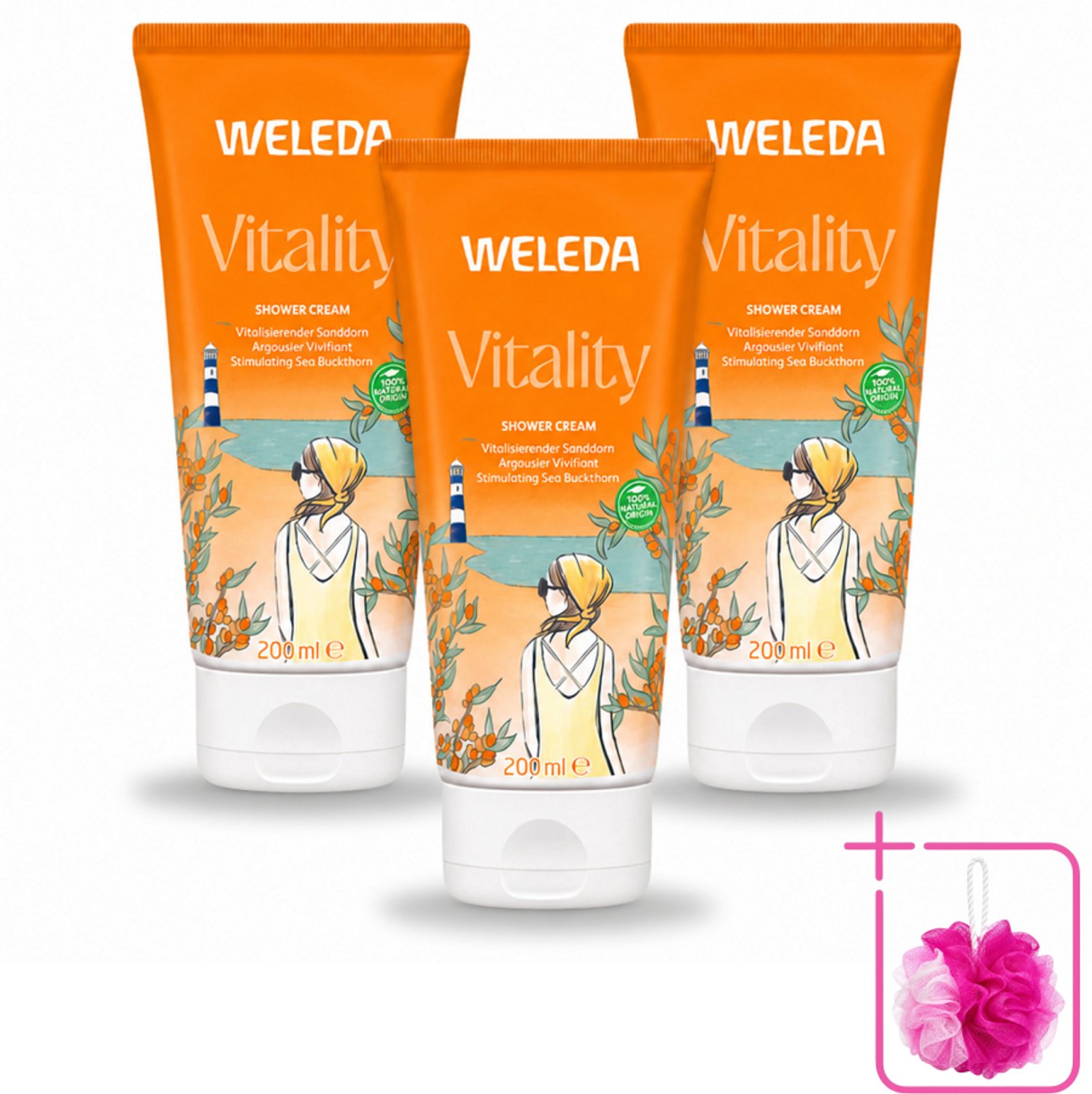 3 x WELEDA - Douchecrème Duindoorn Vitality - 200 ml - Bulkverpakking - Douchecrème - Douchemop - Natuurlijke douchecrème