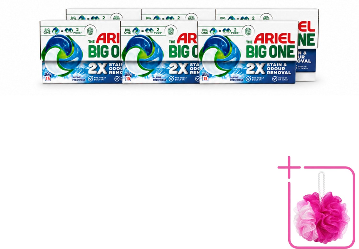 6 x Ariel - 3in1 Wasmiddel Pods - The Big One - Alpine - 15 Pods - Bulkverpakking - Wasmiddel - Douchemop - Wasmiddelpod