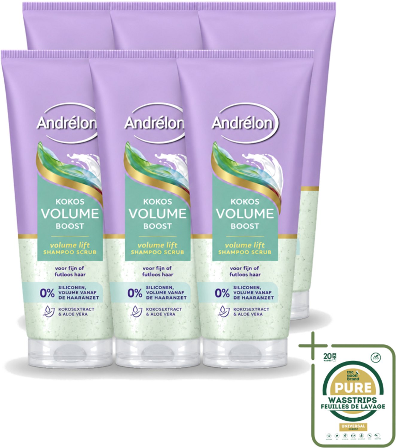 6 x Andrélon – Shampoo Scrub – Kokos Volume Boost – 200 ml - Wasstrips - Haarvolume - Kokos Shampoo - Haarverzorging - Exfoliatie - Fris Haar