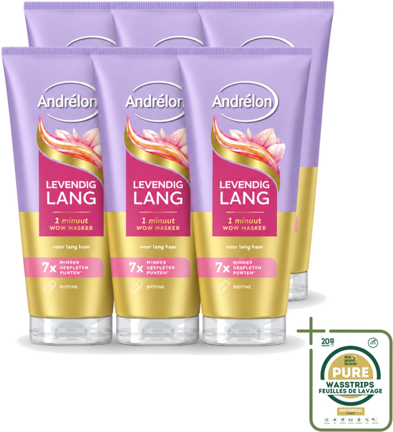 6 x Andrélon – Haarmasker WOW – Levendig Lang – 180 ml - Wasstrips - Haarversterking - Haarverzorging - Haarbreuk - Gespleten Punten - Biotine