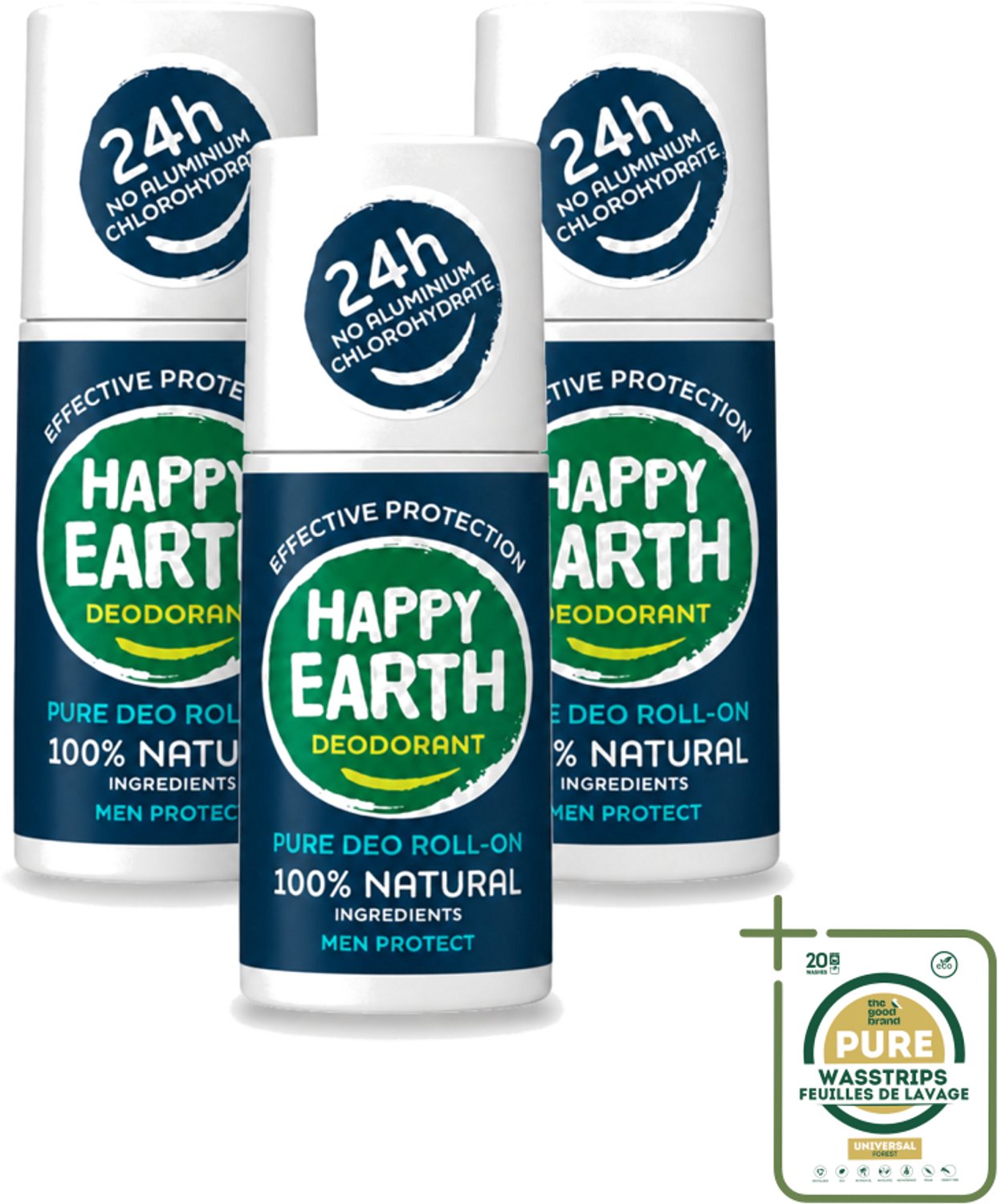 3 x Happy Earth – Deodorant Roll-On – 100% Natuurlijk Men Protect – 75 ml - Natuurlijke Deodorant - Mannelijke Deodorant - Roll-on Deodorant - Frisheid - Lichaamsgeur