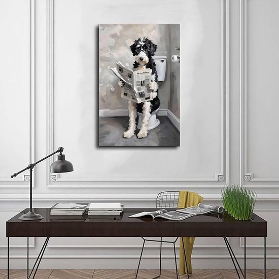 Poedel op canvas poster, poedel zittend op toiletbril en krant leest op canvas, muurkunst voor woonkamer slaapkamer, 30,5 cm lang — afbeelding 2