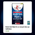 Verpakking van Rode Gist Rijst & co-enzym Q10 90 tabletten van Lucovitaal. Met rode gestileerde figuur op blauwe achtergrond.