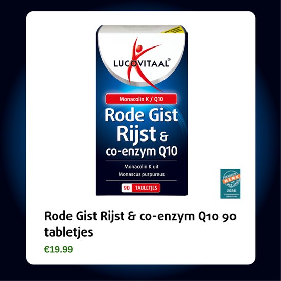 Verpakking van Rode Gist Rijst & co-enzym Q10 90 tabletten van Lucovitaal. Met rode gestileerde figuur op blauwe achtergrond.