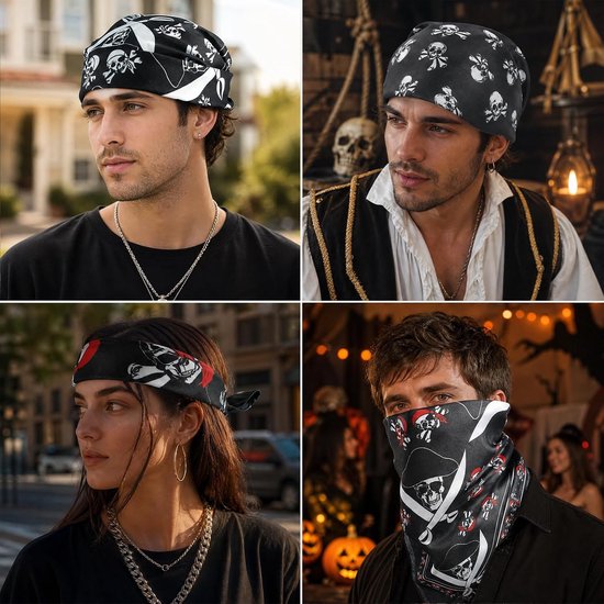 16 stuks piraten-bandana, doodshoofd, hoofddoek, halsdoek, zwart, heren en — afbeelding 4