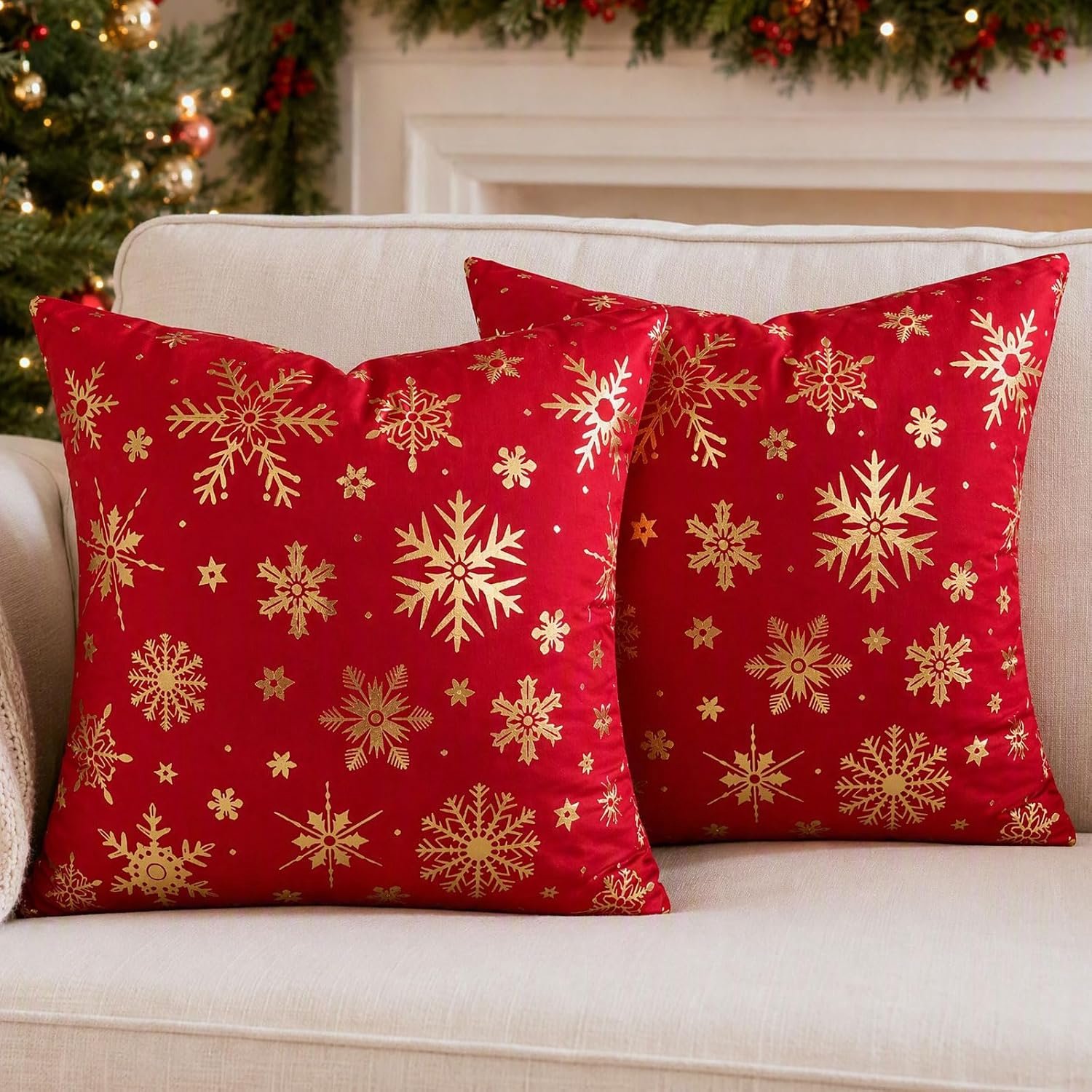 Luxe fluwelen kerstdecoratie kussensloop rood goud sneeuwvlok, 40x40 set