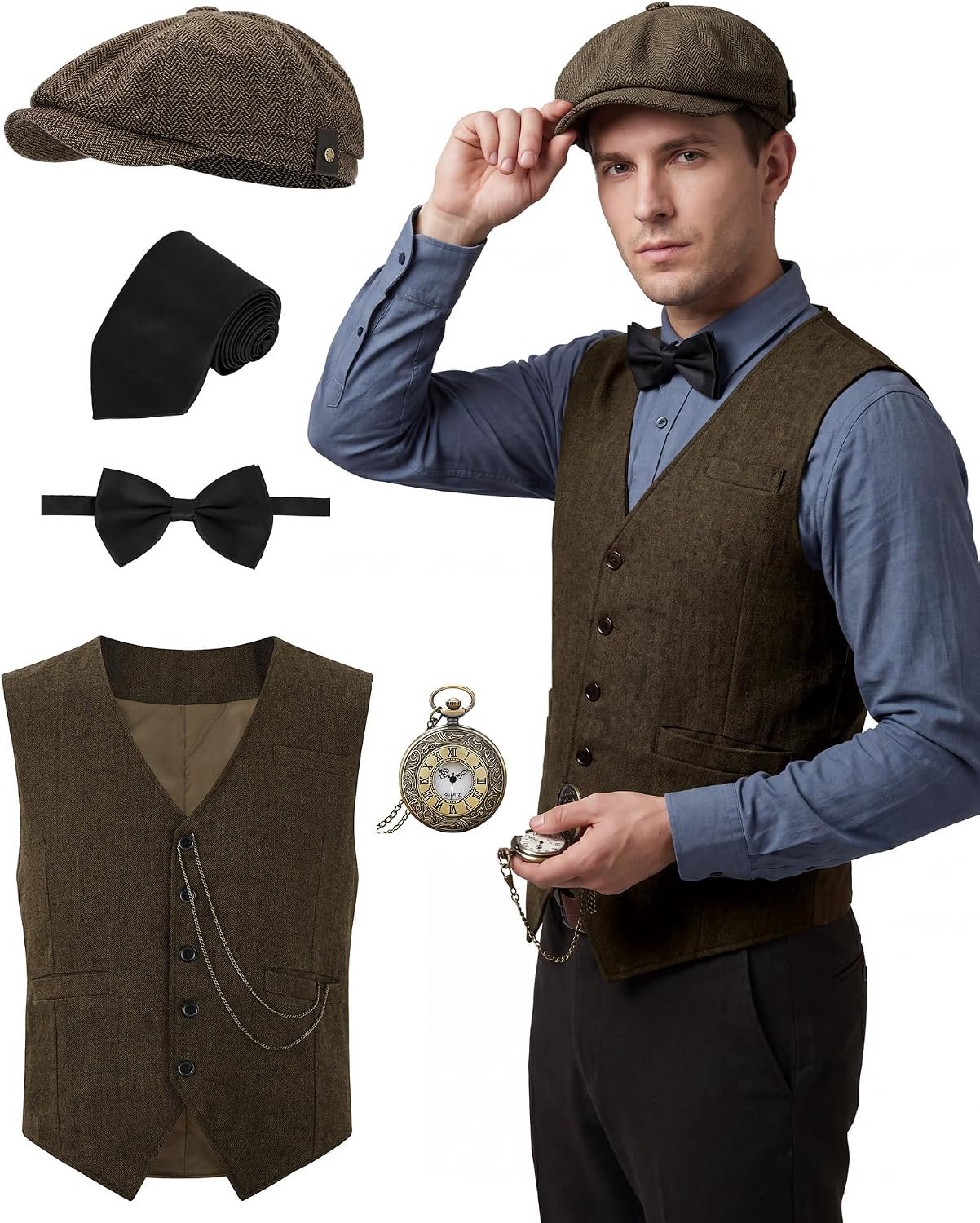 Herenkostuum jaren 20, vest en accessoires, Gatsby, 6-delig