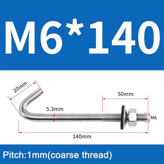 (10 stuks) M6 x 140 mm dakanker, betonanker, schroeven, J-haken, 304 roestvrij staal, wandhaak, lange schacht, haak met zeskantmoer, sluitring — afbeelding 3