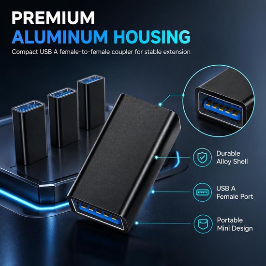 4 stuks USB-adapter vrouwelijk naar vrouwelijk, USB-A 3.0-koppeling voor kabelverlenging, aansluiting van twee mannelijke stekkers, duurzame en compacte aluminium behuizing voor computer, printer en — afbeelding 3