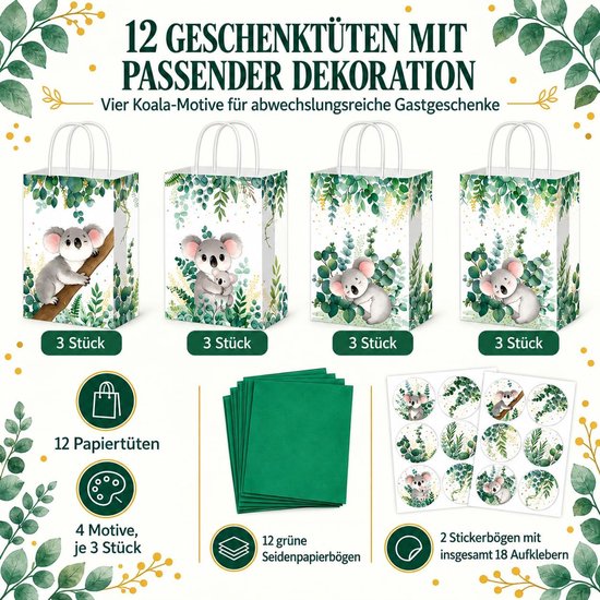 12 stuks koala-geschenkzakjes, verjaardag, papieren zakjes — afbeelding 3