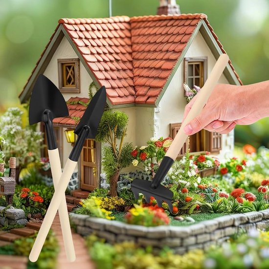 Set van 3 Mini Tuin Gereedschappen met Houten Handvatten - Schep, Hark en Tuingereedschap voor Balkon, Moestuin en Vetplanten — afbeelding 4