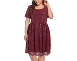Wenrine Dames pailletten grote maten mini-jurk korte mouwen ronde hals plus size partyjurk plissé A-lijn cocktailjurk