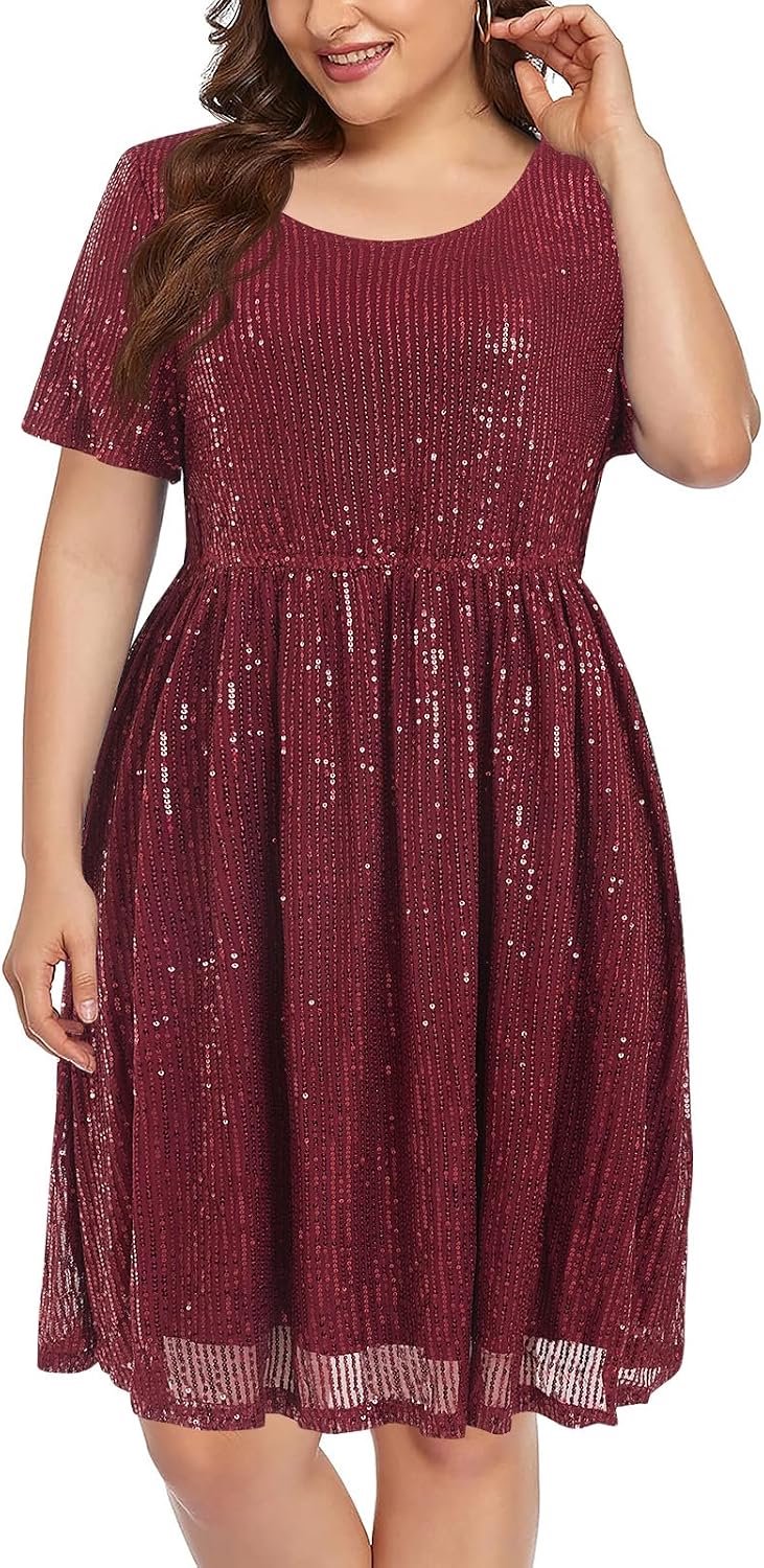 Wenrine Dames pailletten grote maten mini-jurk korte mouwen ronde hals plus size partyjurk plissé A-lijn cocktailjurk