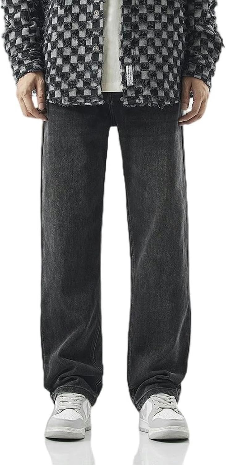 Zwarte jeans heren losse rechte elastische denim gewassen wijde pijpen broek high street dweilbroek - zwart - 38 (185/94A)