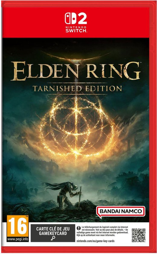 Nintendo Switch spel "Elden Ring: Tarnished Edition" met de titel en een krijger op een berglandschap.