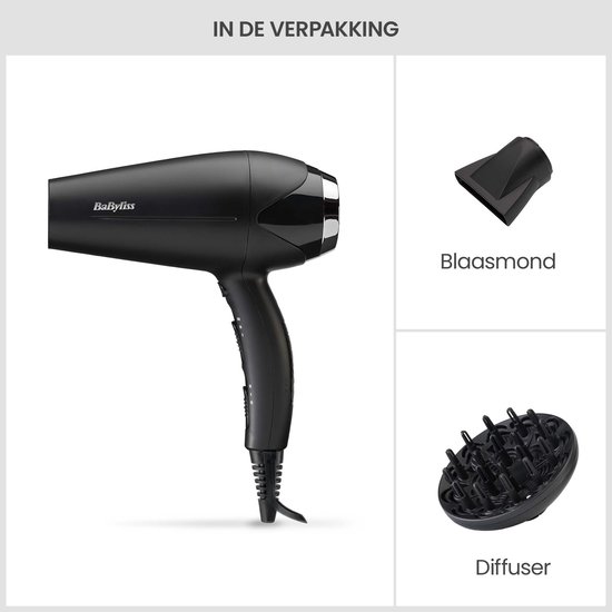 Contenu de l'emballage : sèche-cheveux BaByliss noir, concentrateur et diffuseur.