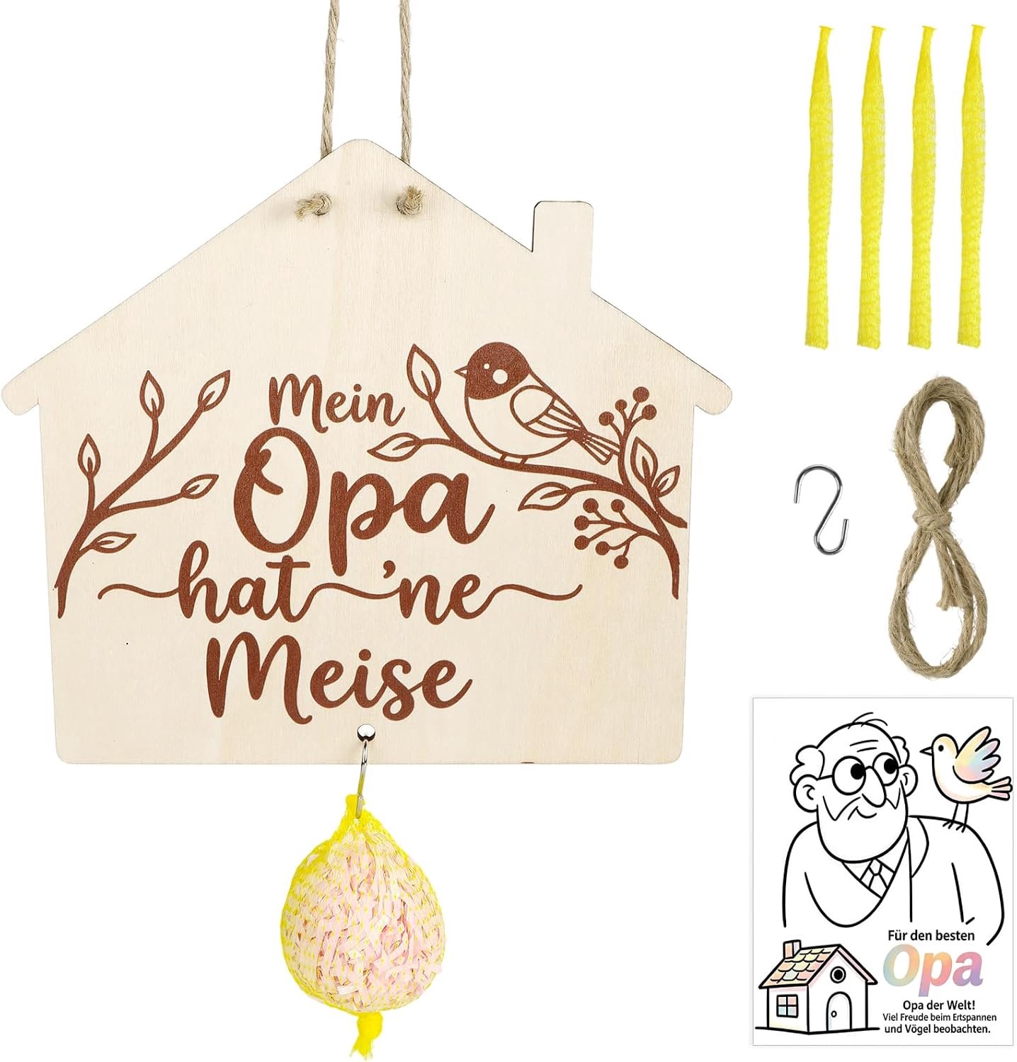 Geschenk - 22 x 25 cm groot houten bord "Mein Opa Hat 'Ne Meise" met 4 vogelvoederzakjes van netstof, S-haken en wenskaart, grappig cadeau voor opa voor verjaardag, ideaal als tuincadeau voor
