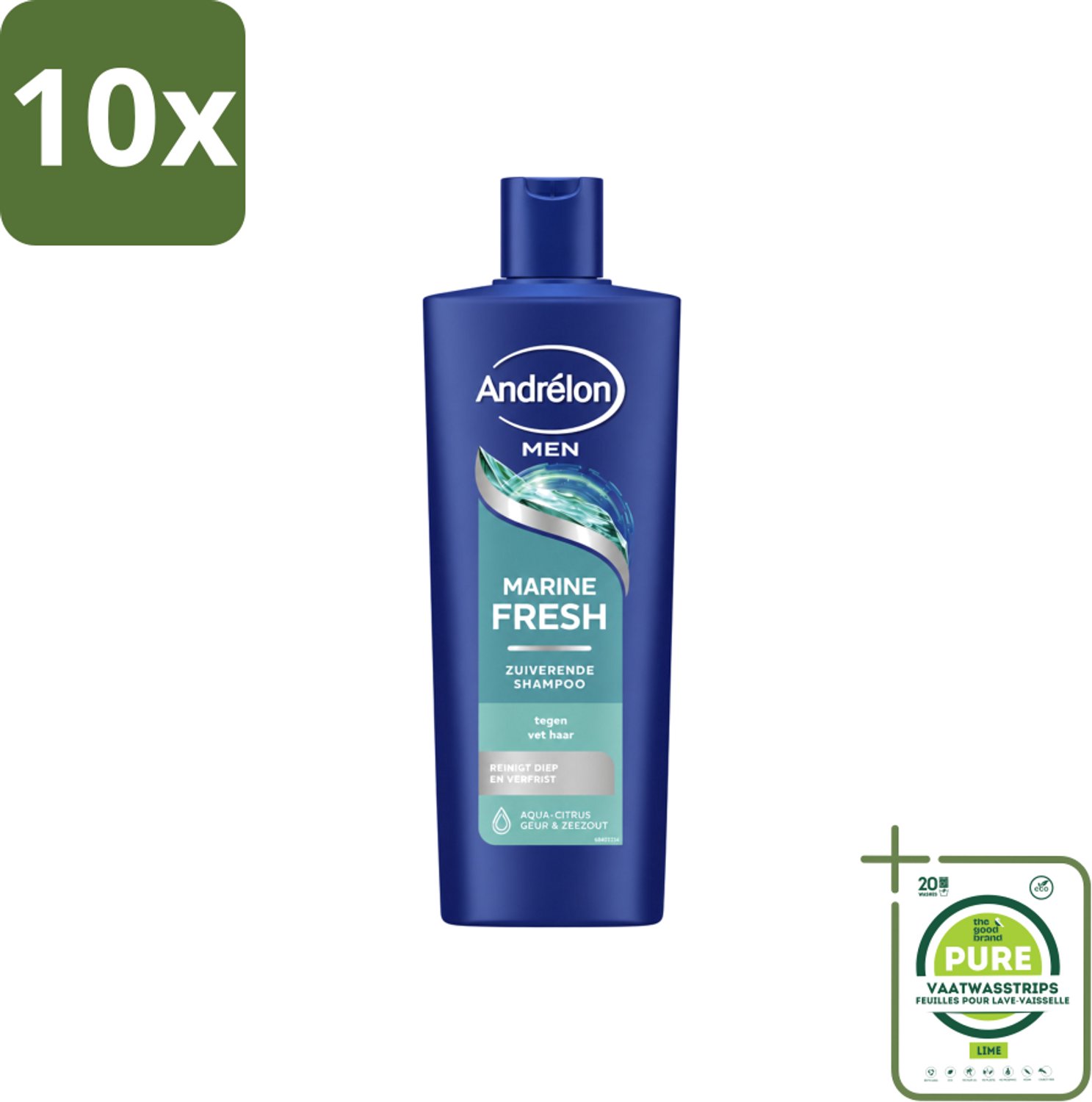10 x Andrélon – Shampoo – Marine Fresh Men – 400 ml - Grootverpakking - Vaatwasstrips - Mannelijk Haar Reinigen - Vet Haar Verwijderen - Stylingresten Verwijderen - Krachtige Shampoo - Zeezout Shampoo