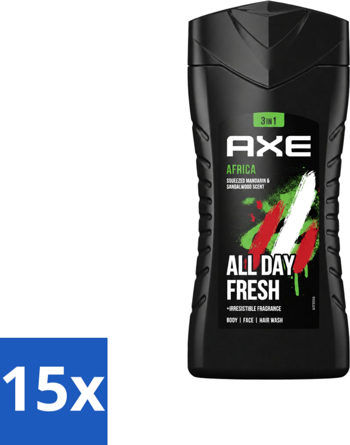 15 x Axe - 3-in-1 Douchegel - Africa - Squeezed Mandarin & Sandalwood - 12hrs Long Lasting Scent - 250 ml - Voordeelverpakking - 15 stuks
