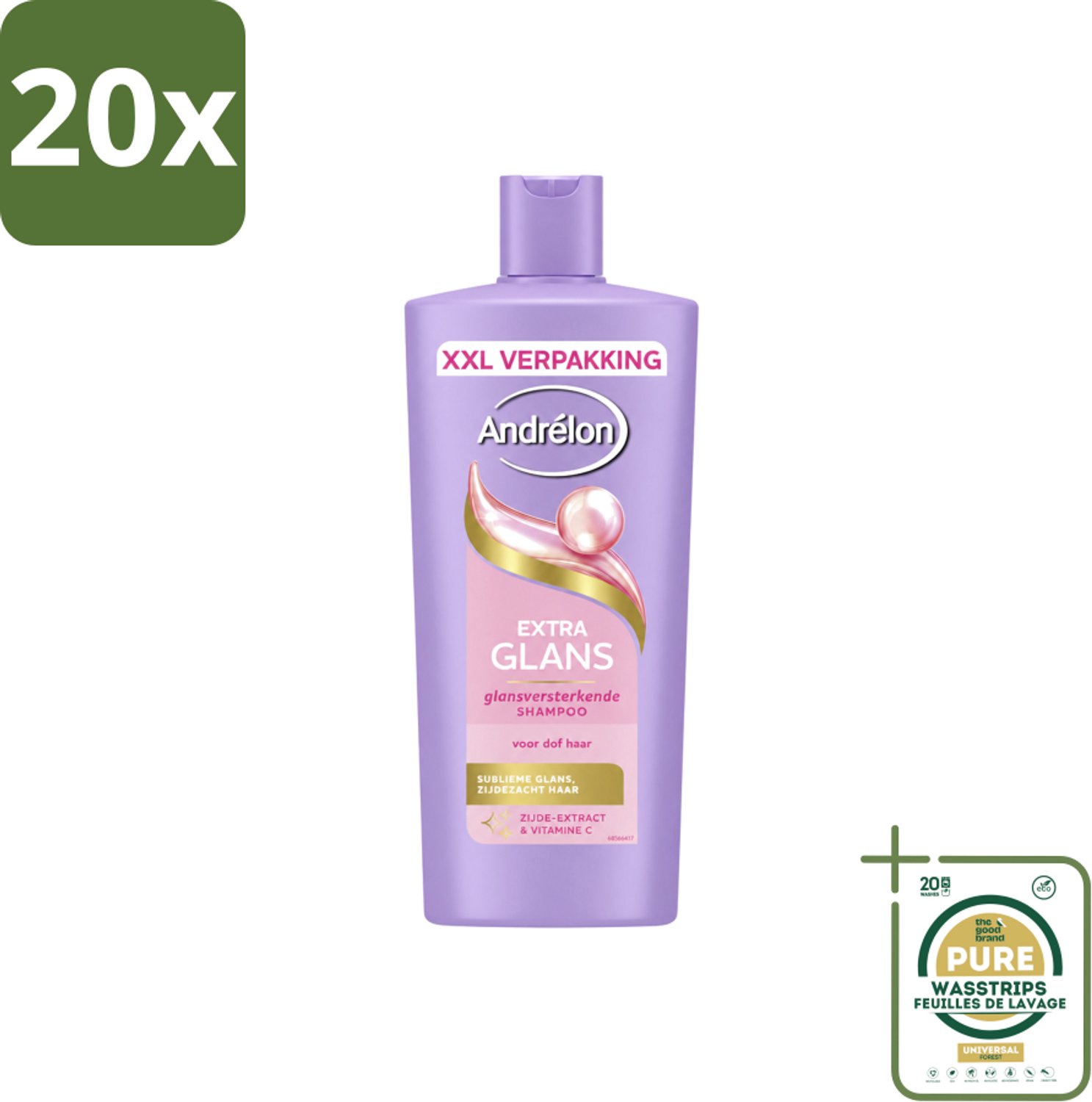 20 x Andrélon – Shampoo – Extra Glans – 685 ml - Wasstrips - Haarverzorging - Glansgevende Shampoo - Dof Haar - Zijde-extract - Vitamine C