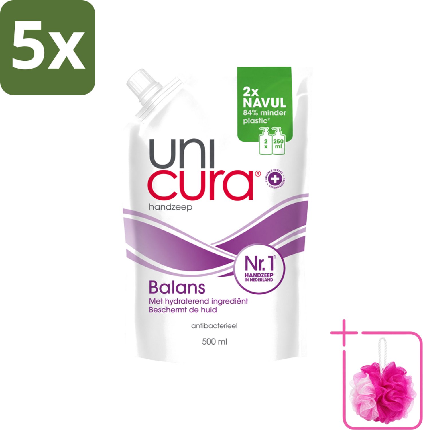 5 x Unicura – Vloeibare Handzeep Navulling – Balans – 500 ml - Bulkverpakking - Handzeep - Douchemop - Antibacterieel