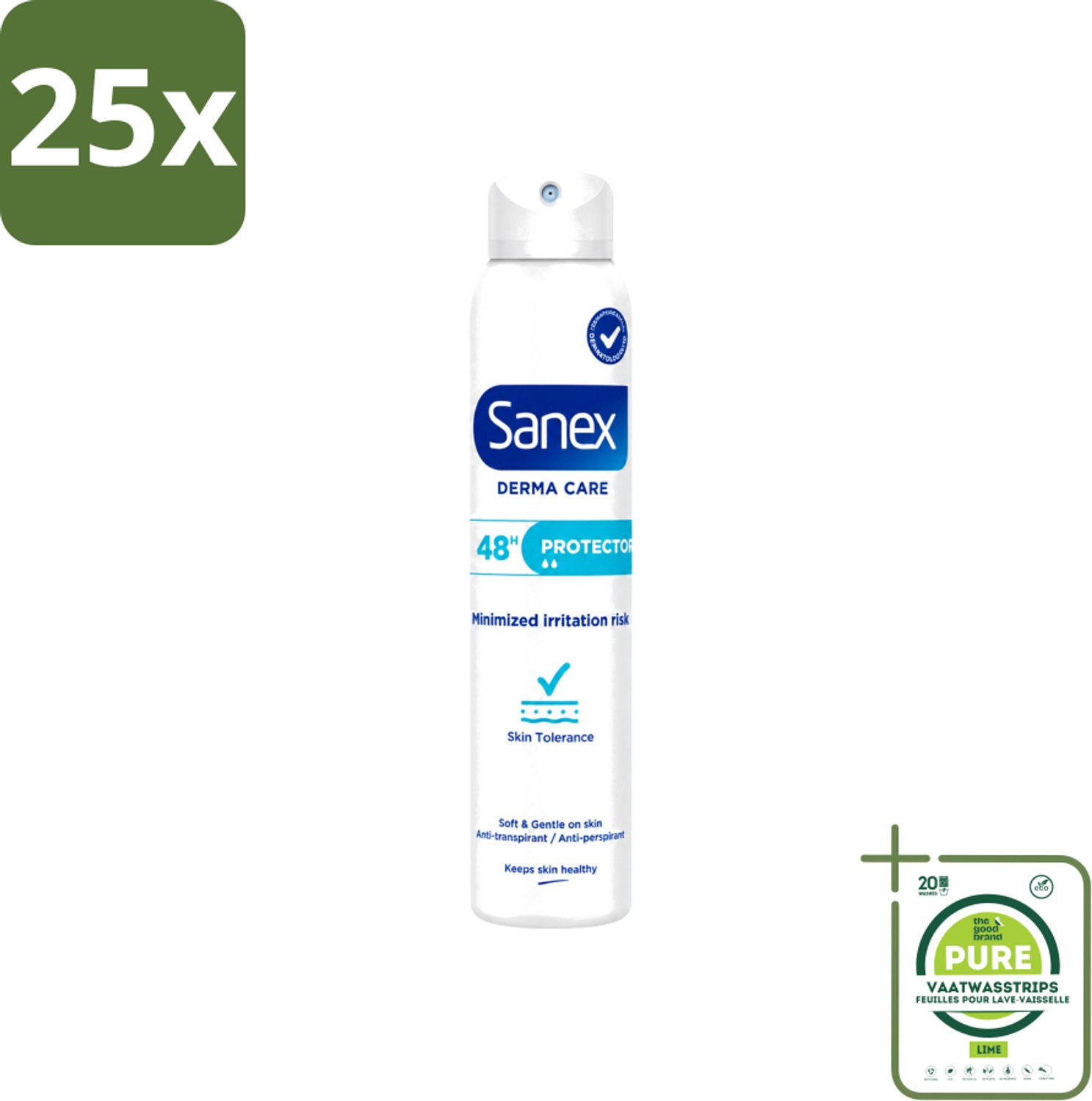 25 x Sanex – Deodorant Spray – Dermo Protector – 200 ml - Grootverpakking - Vaatwasstrips - Huidbescherming - Zweetbehandeling - Geurverwijdering - Hypoallergeen - PH-balans