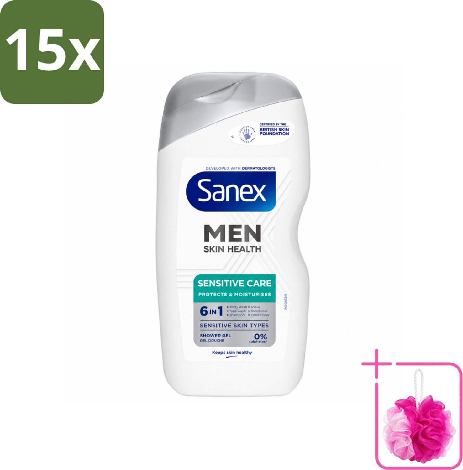 15 x Sanex – Douchegel – Men Sensitive – 400 ml - Bulkverpakking - Gevoelige mannenhuid - Douchemop - Douchegel