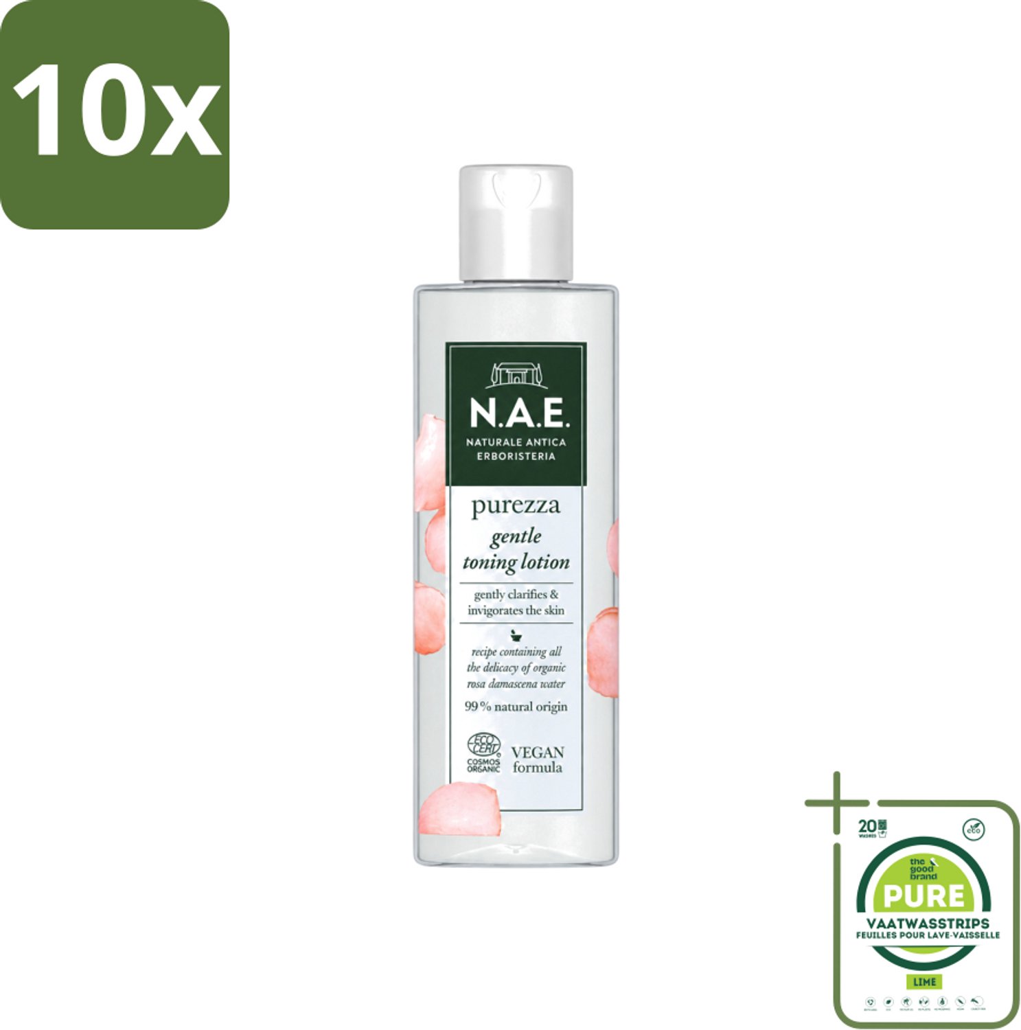10 x N.A.E. - Toning Lotion - Zuiverend & Hydraterend - Biologisch & Vegan - 200ml - Grootverpakking - Vaatwasstrips - Natuurlijke Huidverzorging - Biologische Toning - Rozenwater - Huidzuivering - Huidhydratatie