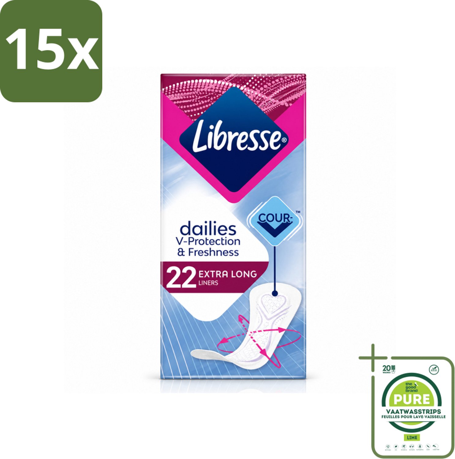 15 x Libresse – Inlegkruisjes – Extra Long – Langdurige bescherming – 22 Inlegkruisjes - Grootverpakking - Vaatwasstrips - Inlegkruisjes - Extra Lang - Bescherming - Comfort - Absorberend