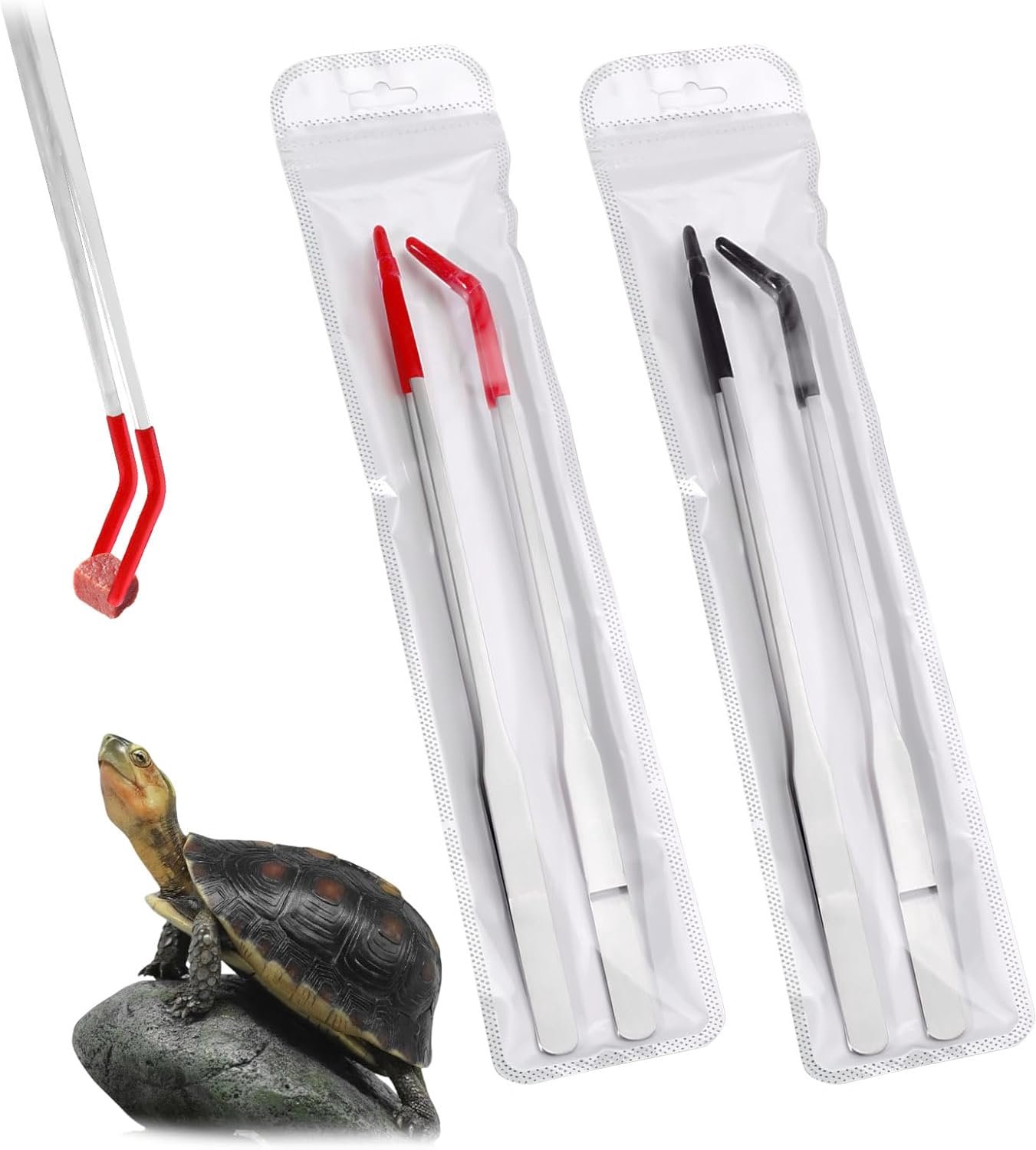 2 stuks roestvrijstalen 26,9 cm reptielentangen, rechte en gebogen lange pincet voor aquarium met siliconen tips, hagedissenvoederpincet, terrariumfeeder voor baardagamen (zilver)