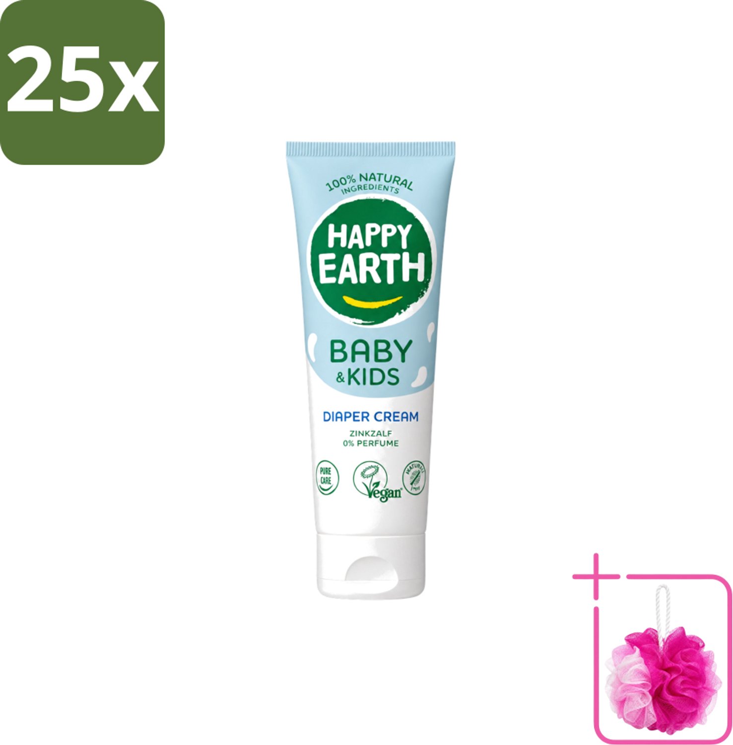 25 x Happy Earth – Diaper Cream – 100% Natuurlijk Baby & Kids – 75 ml - Bulkverpakking - Babybillenbescherming - Douchemop - Luieruitslag voorkomen