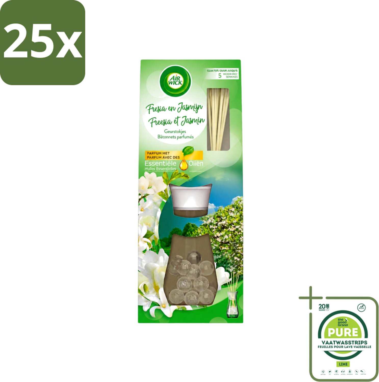25 x Air Wick Essential Oils - Geurstokjes - Freesia & Jasmijn - 30ml - Grootverpakking - Vaatwasstrips - Geurstokjes - Bloemige Geur - Freesia - Jasmijn - Essentiële Oliën