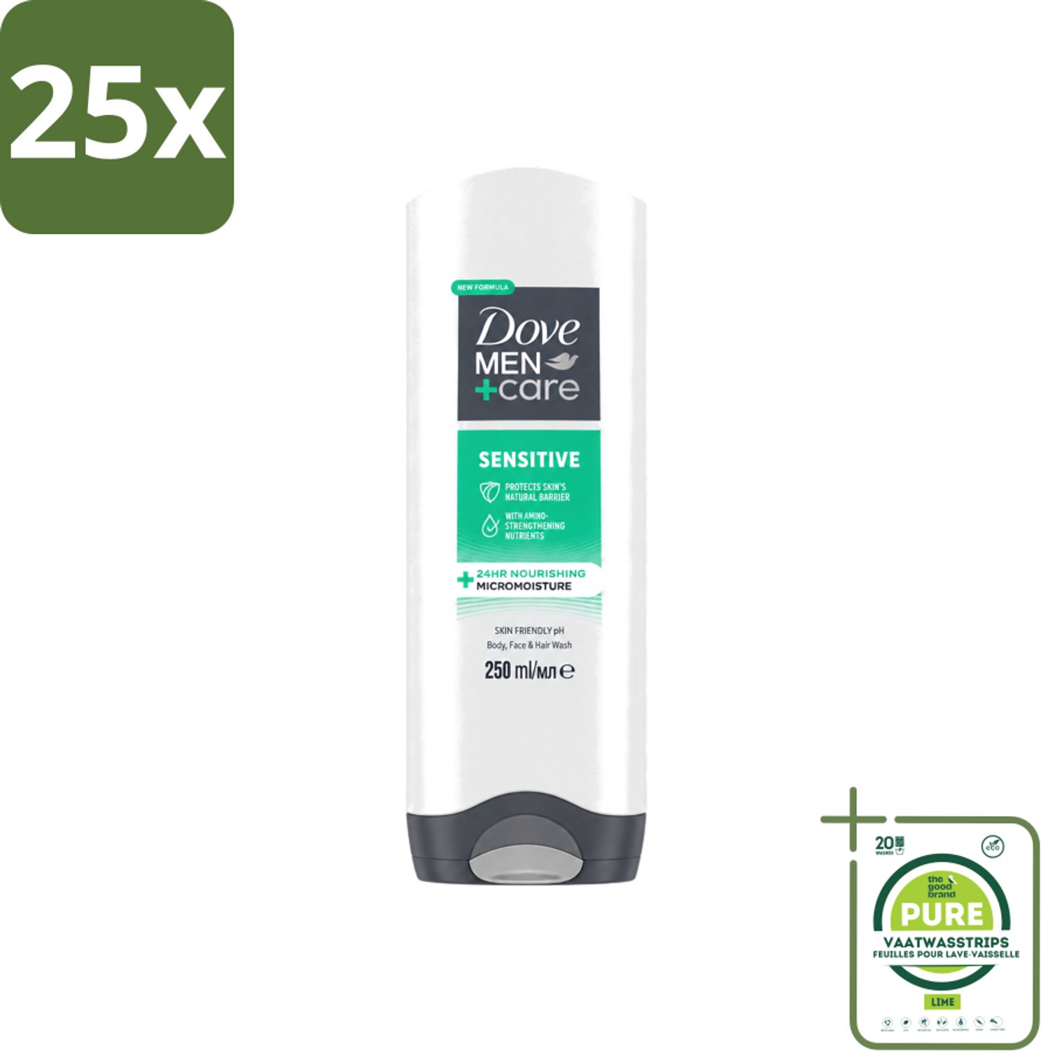 25 x Dove Men+Care - Sensitive - Douchegel 3-in-1 - Verzorgend - 250 ml - Grootverpakking - Vaatwasstrips - Gevoelige Huid - Lichaamsgel - Gezichtsgel - Haarverzorging - Milde Reiniging