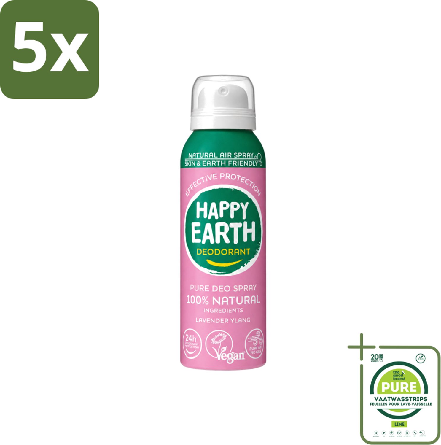5 x Happy Earth – Deodorant Spray – 100% Natuurlijk Lavender Ylang – 100 ml - Grootverpakking - Vaatwasstrips - Natuurlijke Deodorant Spray - Luchtdeodorant - Frisse Geur - Lavendel - Ylang-ylang