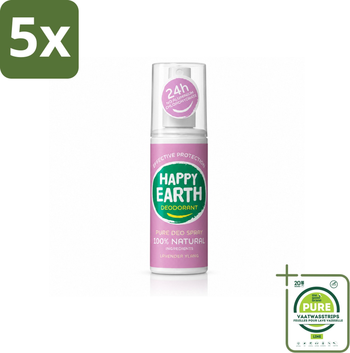 5 x Happy Earth – Deodorant Spray – 100% Natuurlijk Lavender Ylang – 100 ml - Grootverpakking - Vaatwasstrips - Deodorant Spray - Natuurlijke Deodorant - Lavendel En Ylang-ylang - Huidvriendelijk - Vrij Van Aluminium