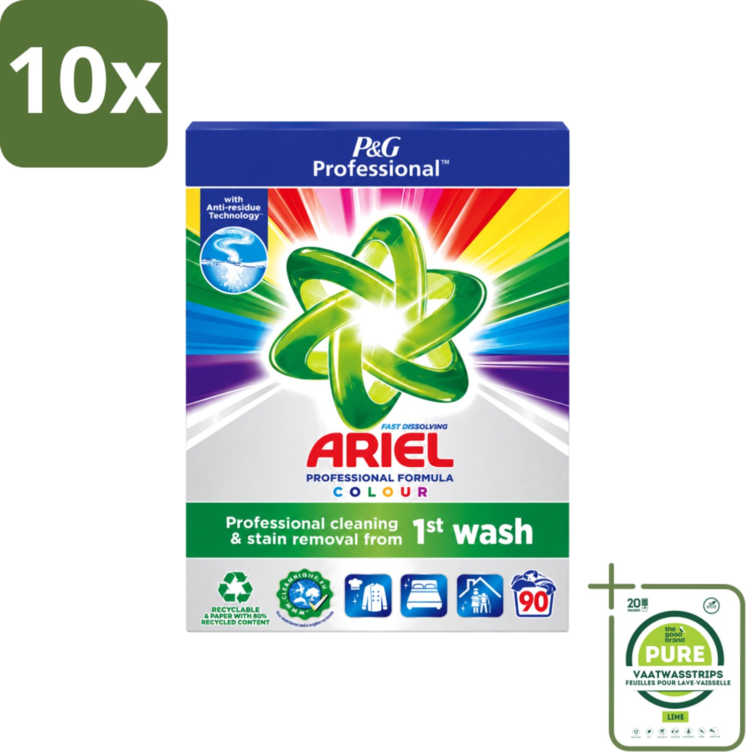 10 x Ariel Professional - Waspoeder - Gekleurde Was - 90 Wasbeurten - Grootverpakking - Vaatwasstrips - Waspoeder Kleur - Waspoeder Voor Gekleurde Kleding - Waspoeder Voor Professionals - Waspoeder 90 Wasbeurten - Waspoeder 5 Sterren Reiniging