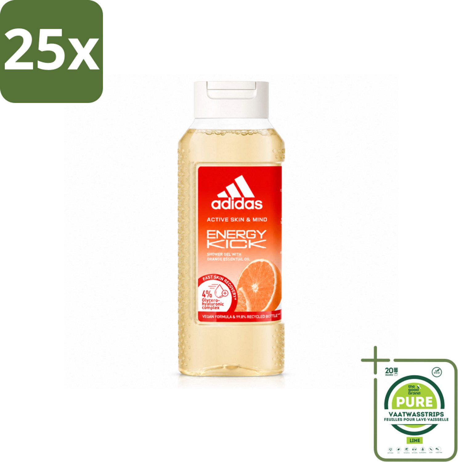 25 x Adidas – Douchegel – Active Skin & Mind Energy Kick – 250 ml - Grootverpakking - Vaatwasstrips - Energie - Sport - Energieboost - Douchegel - Activiteit