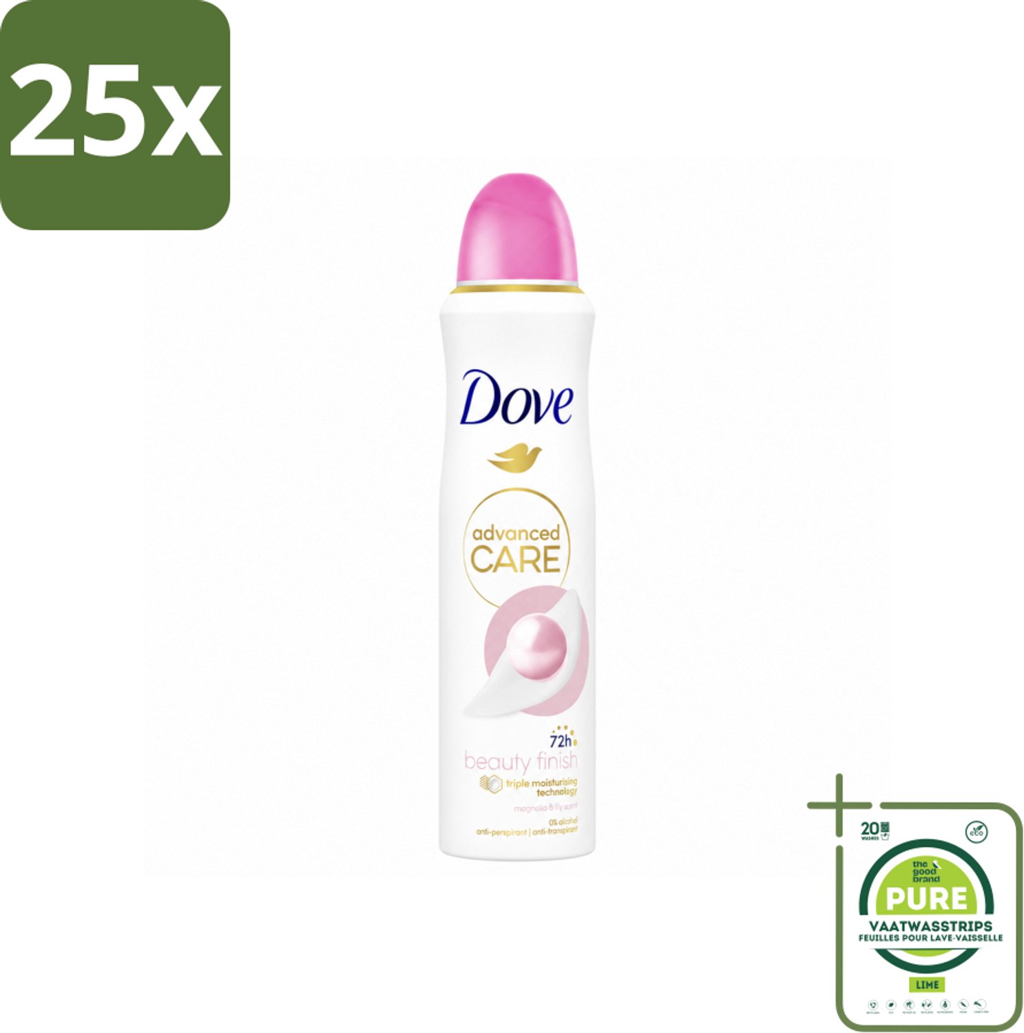 25 x Dove – Deodorant Spray – Beauty Finish – 150 ml - Grootverpakking - Vaatwasstrips - Anti-transpirant Spray - Huidverzorging - Stralende Huid - Geur Magnolia - Geur Lelie