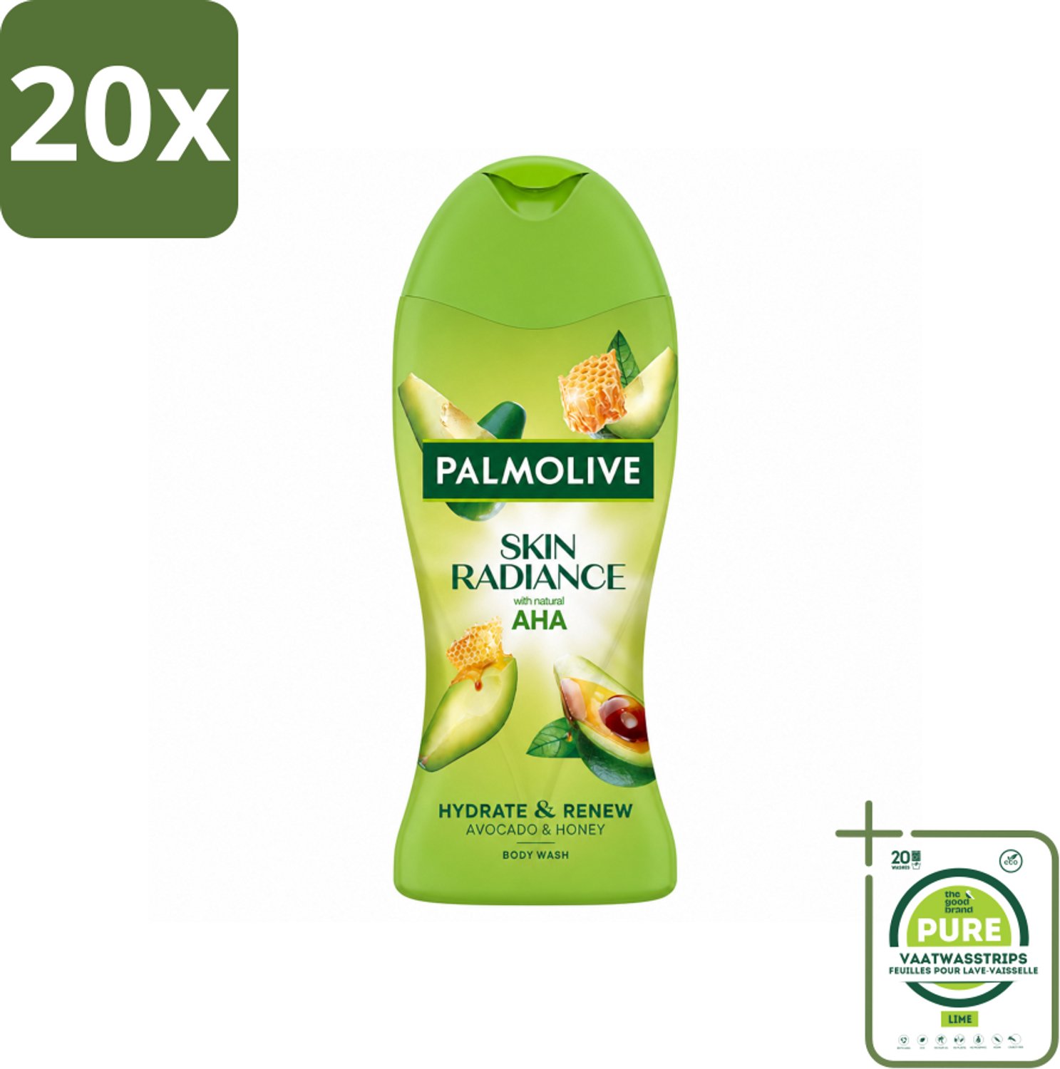 20 x Palmolive – Douchegel – Skin Radiance Avocado Honey – 250 ml - Grootverpakking - Vaatwasstrips - Douchegel - Exfoliatie - Huidverzorging - Stralende Huid - Avocado