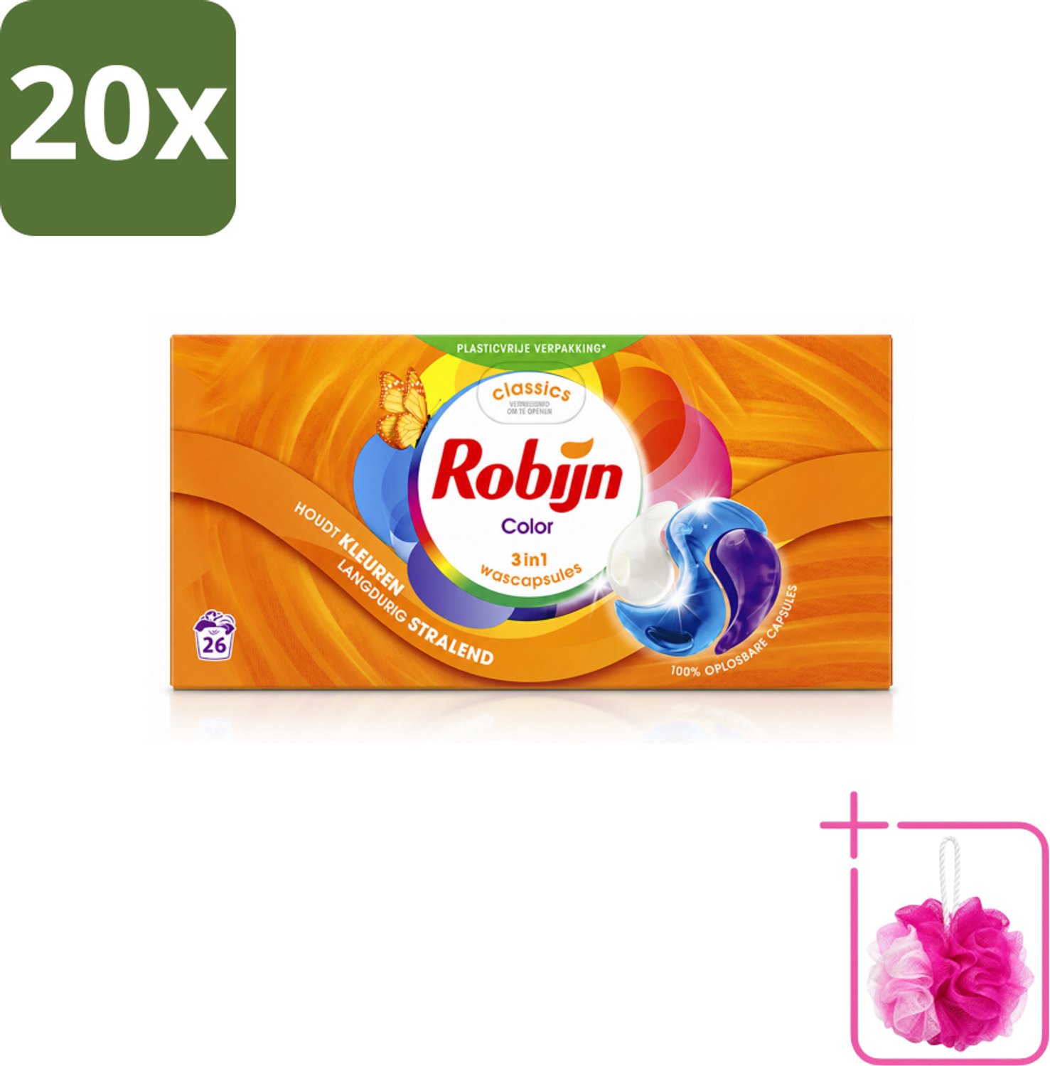 20 x Robijn – 3-in-1 Wascapsules – Color - 26 Capsules - Bulkverpakking - Kleurverzorging - Douchemop - Wascapsules
