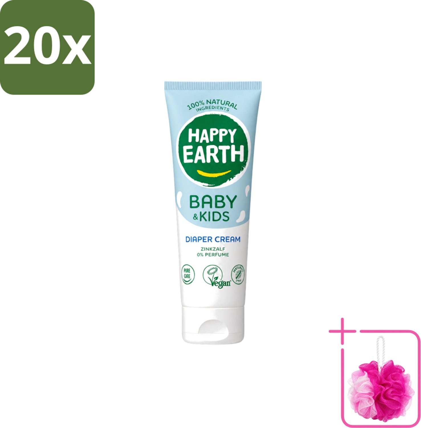 20 x Happy Earth – Diaper Cream – 100% Natuurlijk Baby & Kids – 75 ml - Bulkverpakking - Babybillenbescherming - Douchemop - Luieruitslag voorkomen