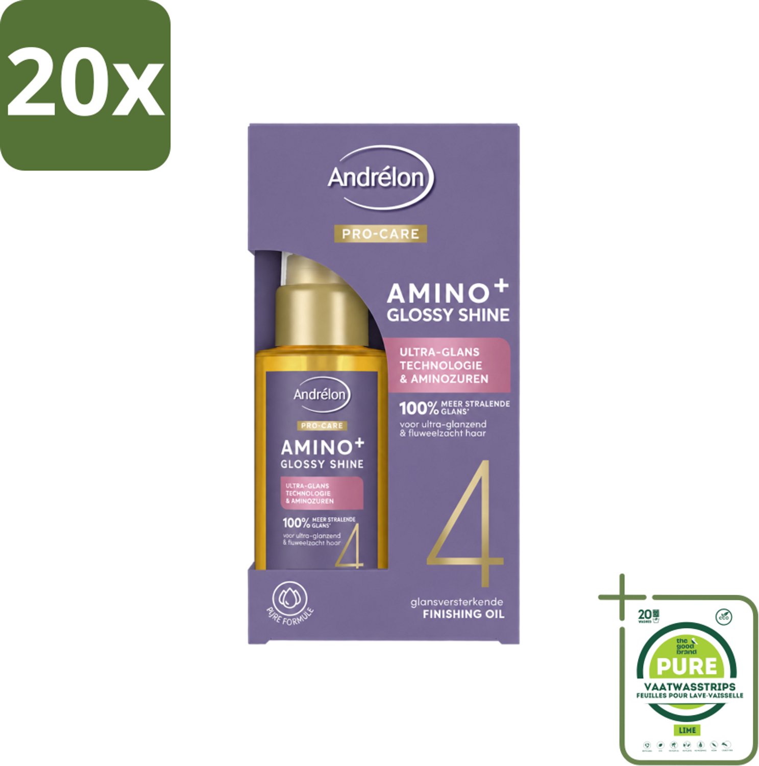 20 x Andrélon – Finishing Oil – Pro Care Amino+ Glossy Shine – 50 ml - Grootverpakking - Vaatwasstrips - Glans Haar - Pluisvrij Haar - Aminozuren Haar - Stralend Haar - Haarpunt Verzorging
