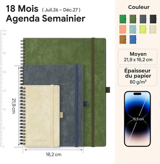 2026 2027: Pocket Weekagenda A6 Klein Boekagenda(16,4 x 9,5cm) Schoolagenda 18 Maanden Weekplanner van Jul.2026 tot Dec.2027, 80 Grams Papier, Zachte PU-Leren Spiraal, Appelgroen — afbeelding 2