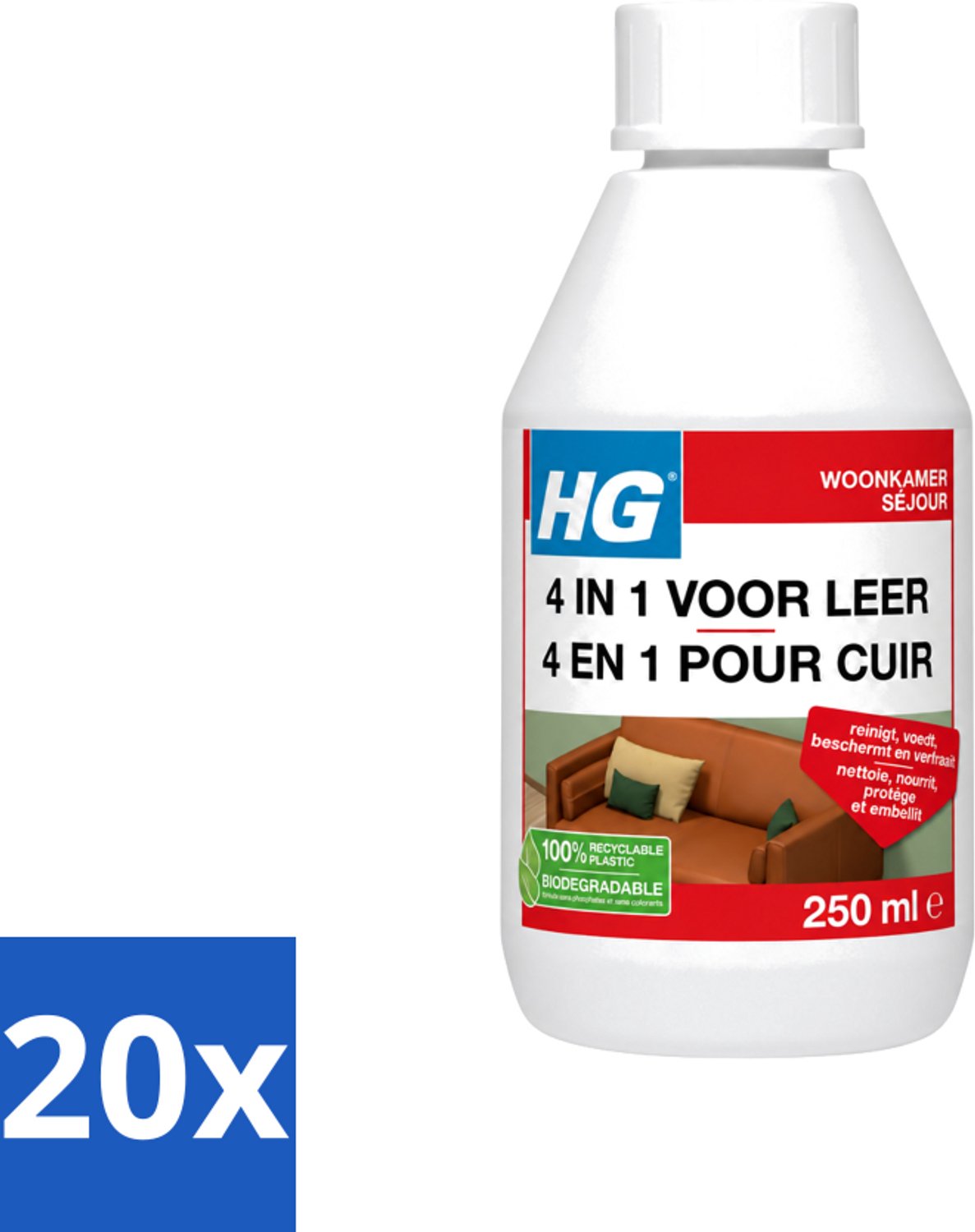 20 x HG - 4 In 1 Voor Leer - Beschermt, Voedt, Verfraait & Reinigt - 250 ml - Voordeelverpakking - 20 stuks