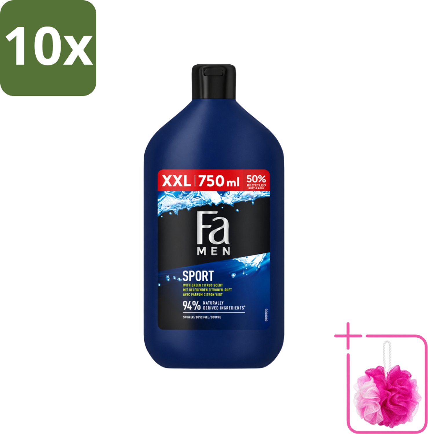 10 x Fa Men - Sport - Douchegel - Groene Citrus - 750 ml - Bulkverpakking - Douchegel voor mannen - Douchemop - Sport douchegel